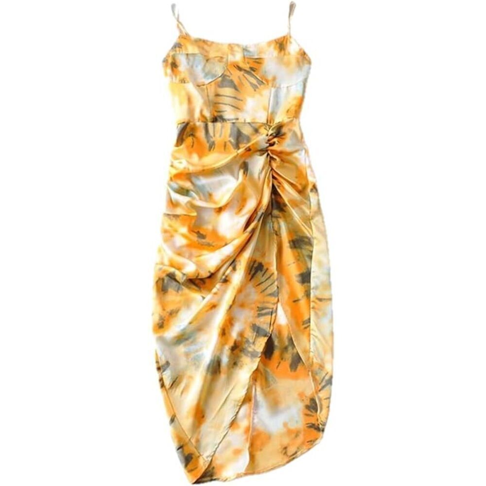 Yellow Tropical Print Satin Slip Dress